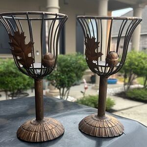 Bronze Leaf and Acorn Candle Holders